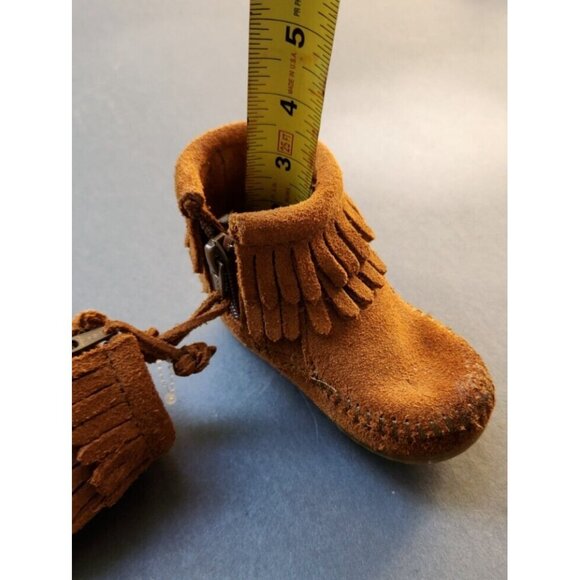MINNETONKA Toddler Size 3 Kids Double Fringe Zip Suede Ankle Boot Brown 1292 - Picture 11 of 16